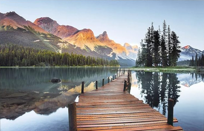 Mountain lake with wooden dock